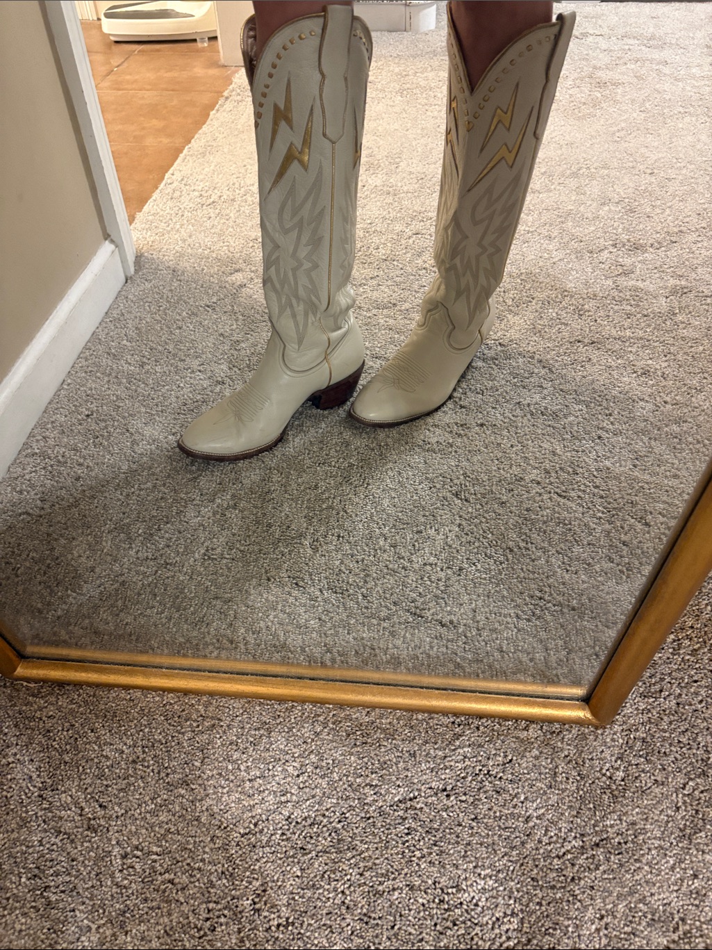 Cream Embroidered Western Knee-High Boots With Stacked Heel — image 2 of 8